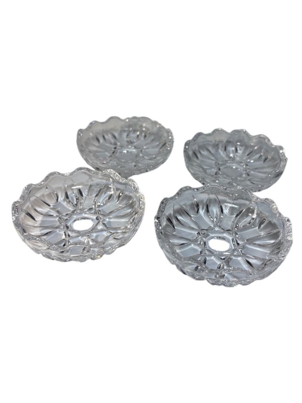 Set Of 4 Clear Crystal Cut Glass Coasters With Scalloped Edges & Geometric Flora